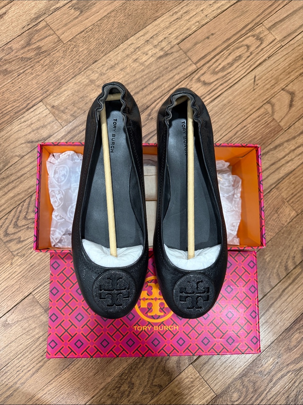 Tory Burch Minnie Travel Ballet Pave Leather Flats Size 8 Perfect Black
